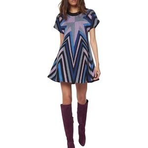 Mara Hoffman Compass Knit Swing Dress Blue Purple Geometric Wool Blend Retro